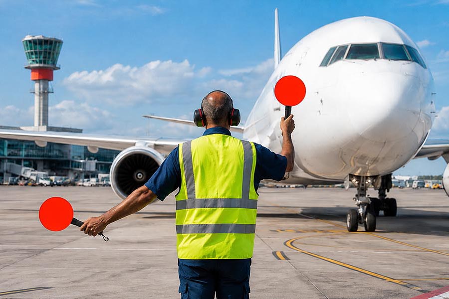 Airport marshall signalling to plane using bats